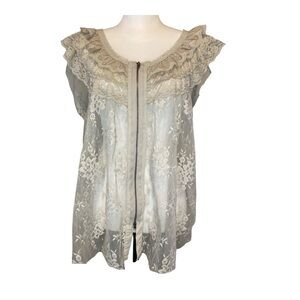 Vintage Free People Sheer Lace Top Front Zipper Flutter Sleeves Size L